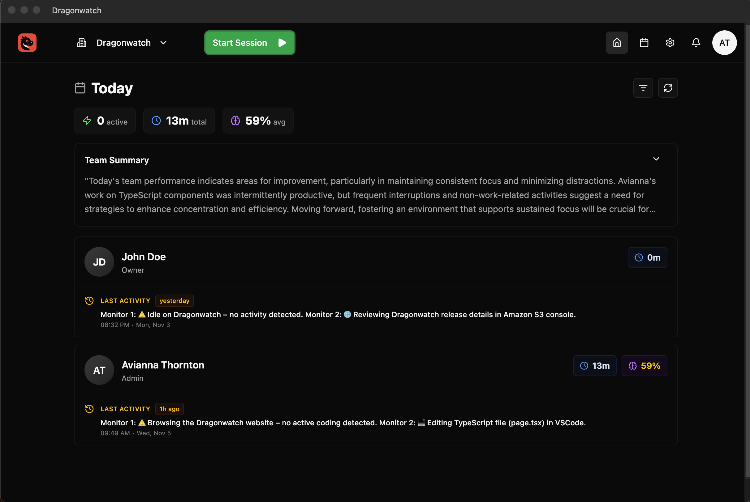 DragonWatch Dashboard - Team time tracking and activity monitoring